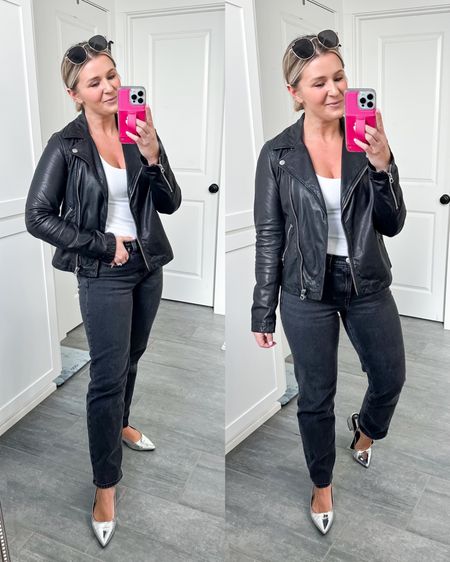 What I’m wearing today. My favorite leather jacket paired with these super comfortable washed black mid-rose straight jeans. The perfect pop with the silver shoes. 

Size up in the leather jacket 

#LTKshoecrush #LTKSeasonal #LTKfindsunder100