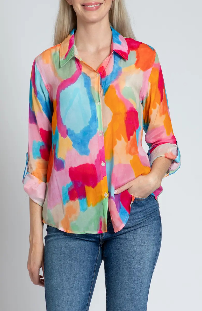 Print Roll-Up Sleeve Chiffon Button-Up Shirt | Nordstrom