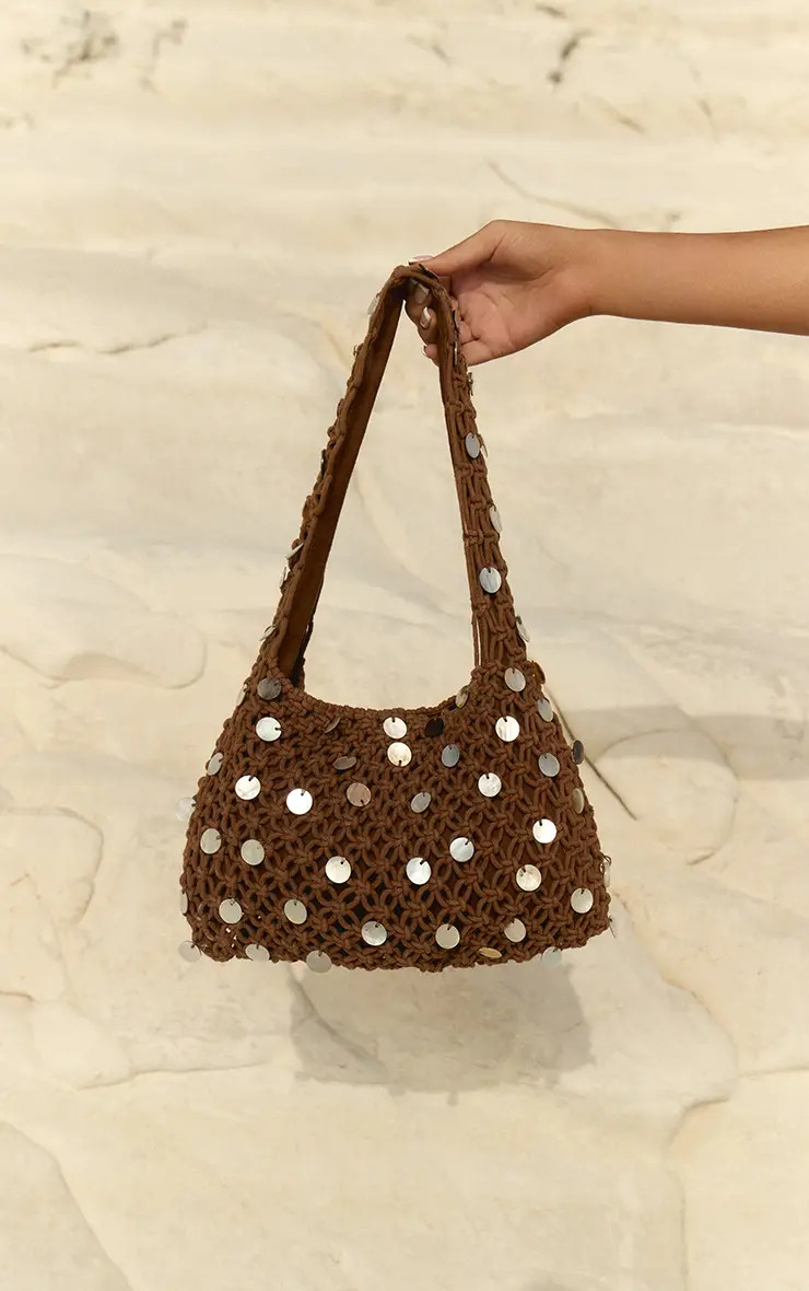 Chocolate Crochet Shell Shoulder Bag | PrettyLittleThing UK