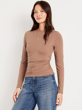 Long-Sleeve Slit-Neck Ruched Top | Old Navy (US)