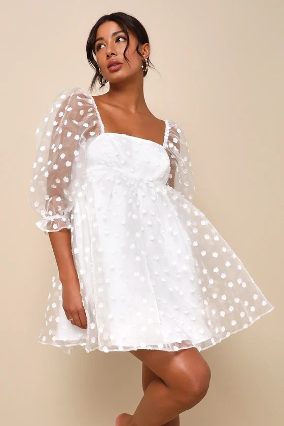Effervescent Charm White Organza Floral Babydoll Mini Dress | Lulus
