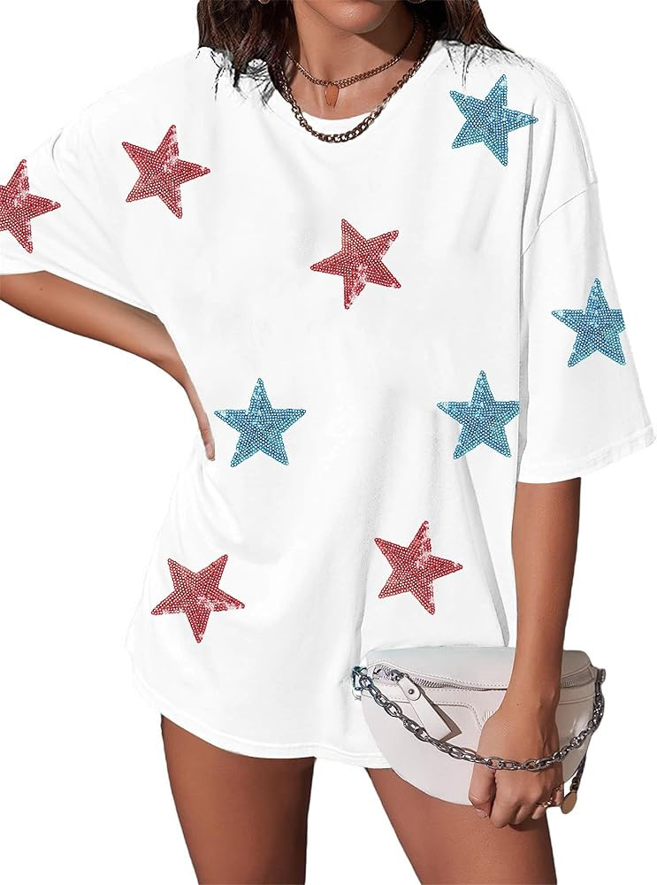 Oversized USA Star Sequin Shirt American Flag T Shirt Women 4th of July Patriotic Tee Casual Shor... | Amazon (US)