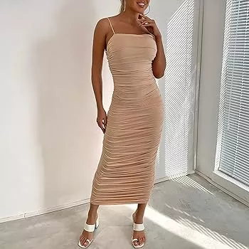 Nude Strappy Mesh Ruched Midaxi Dress