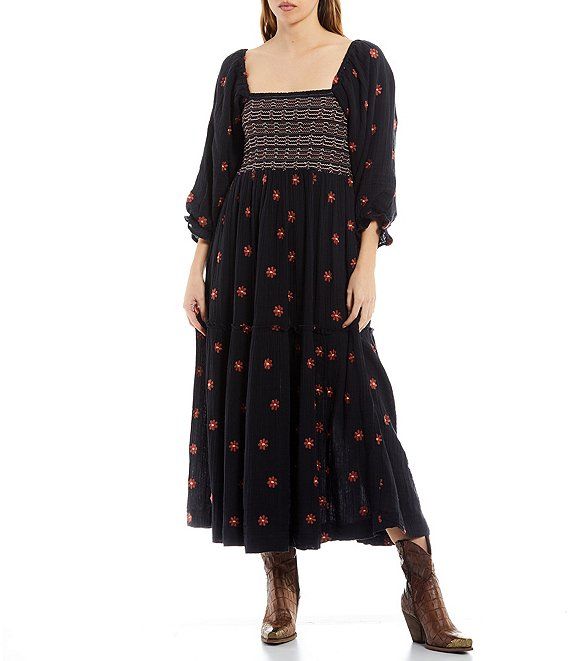 Dahlia Floral Print Embroidery Square Neck Smocked Top 3/4 Balloon Sleeve A-Line Dress | Dillard's