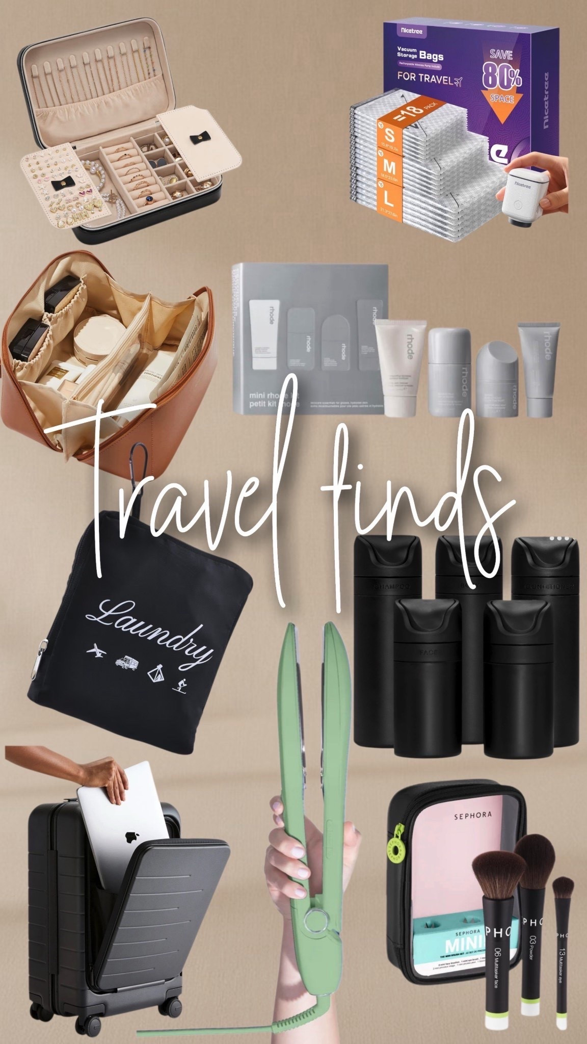 If I can’t travel efficiently, I simply will not travel.

These are the pieces I’m building my go-to travel system around… organized, compact, and actually cute sitting on a hotel vanity.

From the carry-on that means business to the refillable minis and the space-saving hacks that make overpacking slightly less embarrassing.

Adulting, but make it aesthetic.

Travel essentials | carry on suitcase | refillable travel containers | mini makeup brush set | vacuum seal bags | travel jewelry case | portable steamer | travel laundry bag | organized packing

