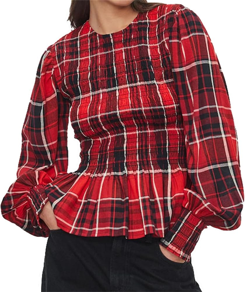 Women Smocked Ruffle Hem Blouses Plaid Print Long Lantern Sleeve Ruched Shirts Y2k Vintage Going ... | Amazon (US)