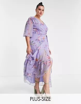 Hope & Ivy Plus flutter sleeve wrap maxi dress in purple floral | ASOS (Global)