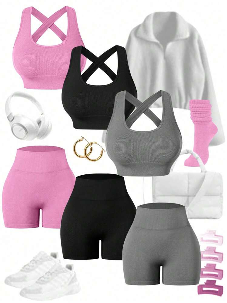 Studio SHEIN Sport Women's Sport Set: Round Neck Cross Strapped Slim Fit Top And High-Waisted Ribbed Yoga Shorts Workout Women Set Gym Women Outfit | SHEIN