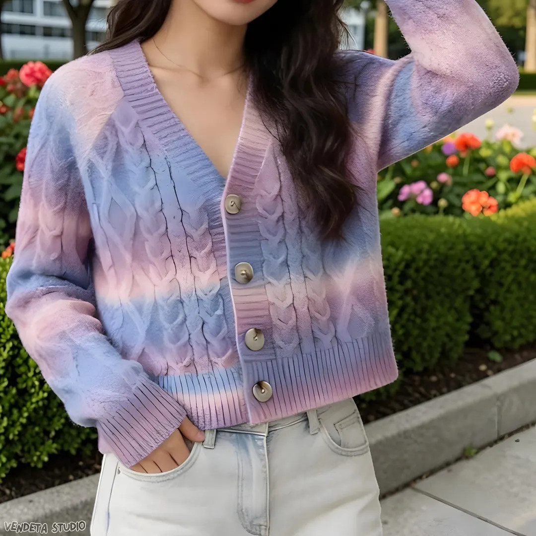 Pastel Gradient Cable Knit Cardigan - V Neck Button Front Sweater | Etsy (US)