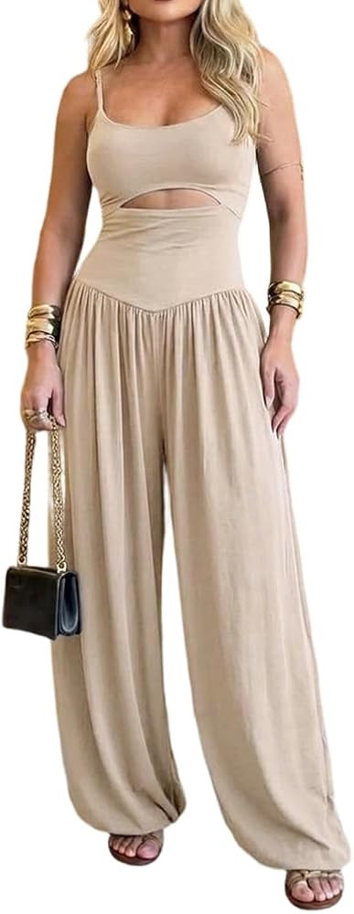 Jumpsuits for Women Sleeveless Cut-Out Waist U-Neck Backless Tie-Back Ruched High Waist Summer Ro... | Amazon (US)