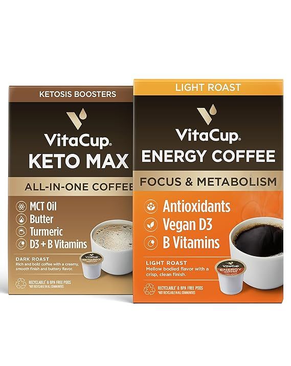 VitaCup Keto Max & Light Roast Energy Coffee Pods 34 ct Bundle Vitamin infused Recyclable Single ... | Amazon (US)