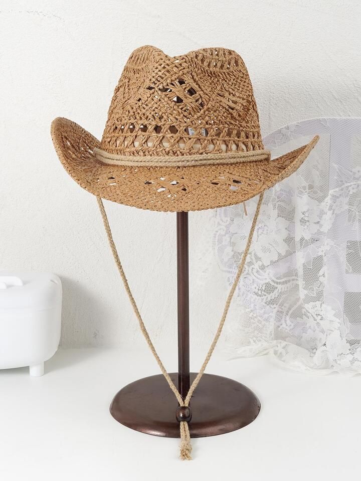 1pc(camel)hollow Out Breathable Beach Sun Hat With Wide Brim, Fashion Western Cowboy Hat For Dail... | SHEIN