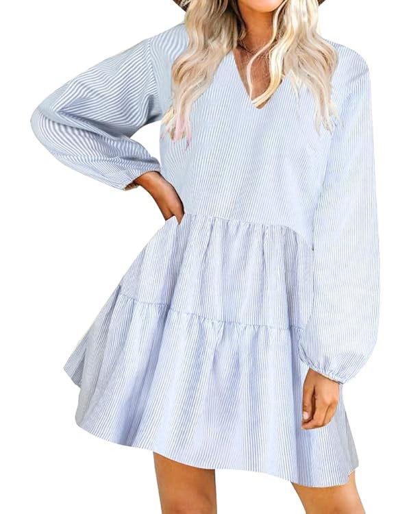 FANCYINN Cute Shift Tunic Dress Ruffle Swing Babydoll Juniors Mini Ruffle Dress with Pockets | Amazon (US)