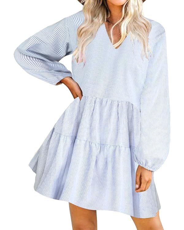 FANCYINN Cute Shift Tunic Dress Ruffle Swing Babydoll Juniors Mini Ruffle Dress with Pockets | Amazon (US)