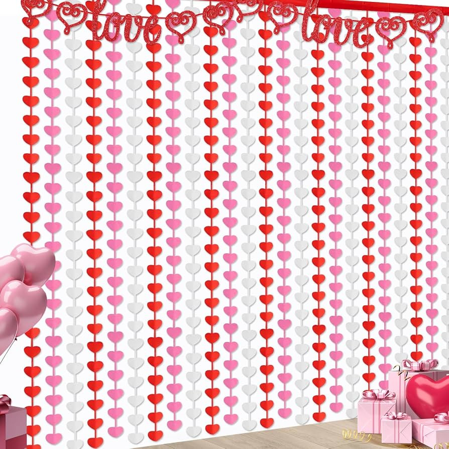 Valentines Decorations Foil Fringe Curtains: 2 Pack 3.3 X 6.6 ft Red Pink White Heart Tinsel Back... | Amazon (US)