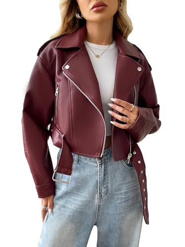 LY VAREY LIN Women Faux Leather Cropped Jacket Vegan Motor Biker Coat with Belt | Amazon (US)