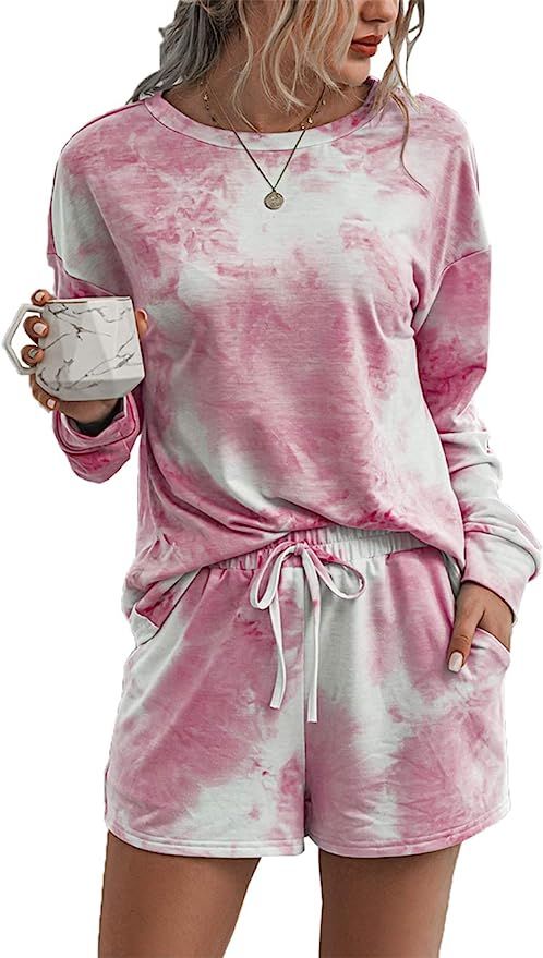 PRETTYGARDEN Women’s Tie Dye Printed Pajamas Set Long Sleeve Tops With Shorts Lounge Set Casual... | Amazon (US)