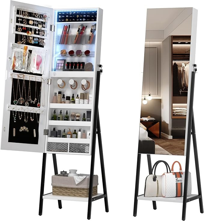 LVSOMT 3 LEDs Freestanding Jewelry Cabinet with Full- Length Mirror, Lockable Jewelry Armoire Org... | Amazon (US)