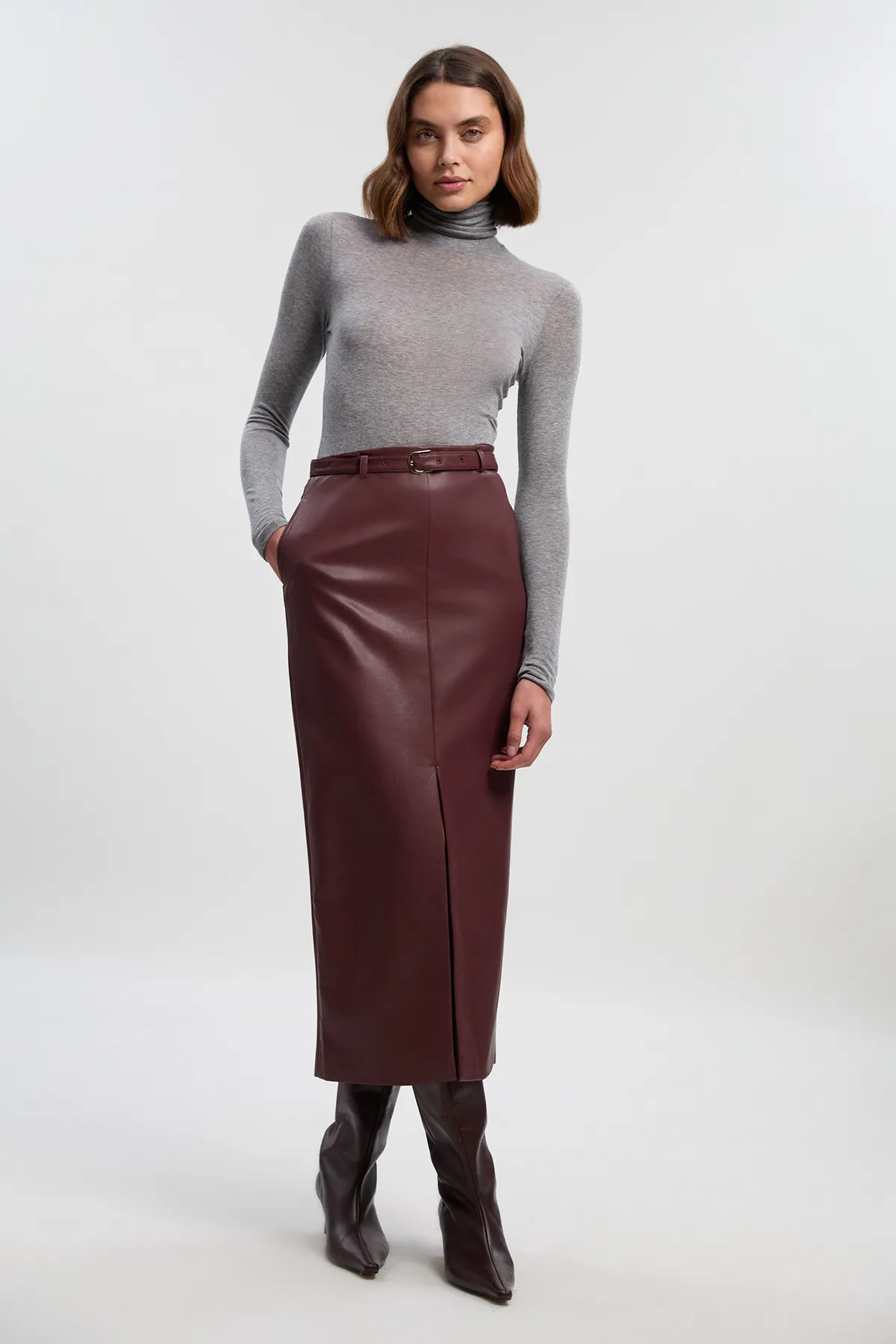 Faux Leather Tailored Midi Pencil Skirt | Karen Millen UK + IE + DE + NL