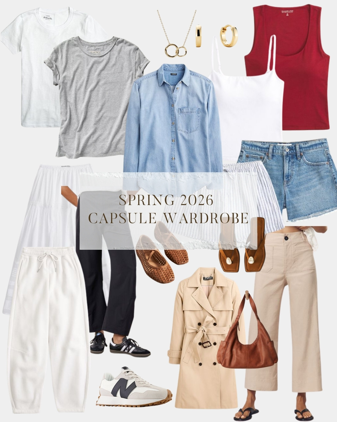 Spring capsule wardrobe 2026 — cool neutrals, one accent color, and pieces that actually mix and match. 

This collection is built around a chambray button-down shirt and includes tops, bottoms, outerwear, shoes, and accessories across a range of price points. Whether you are starting from scratch or filling in gaps in your closet, these are the pieces worth investing in this season.

The J.Crew Icon Trench pulls double duty as a layer for rainy spring days and a transitional piece you can wear well into fall. The Mejuri Bold Huggie Hoops and the Wolf & Badger Muru Gold Necklace are simple enough to wear every single day but polished enough to work with a more elevated look. Neither one needs to come off.

Shop the full collection linked here, including options from Abercrombie, J.Crew, New Balance, Madewell, Free People, Athleta, and more. 

 

#LTKmomlife #LTKSeasonal #LTKOver40