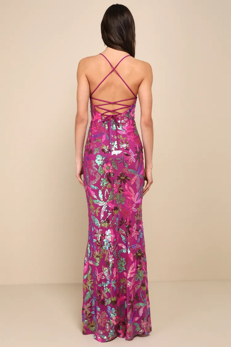 Glittering Icon Magenta Iridescent Sequin Lace-Up Maxi Dress | Lulus