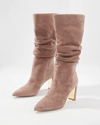 Women's Suede Slouchy Mid-Heel Boots in Taupe Tease size 8 | White House Black Market | White House Black Market