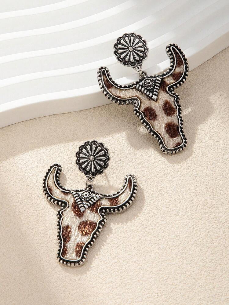 1 Pair Retro Bull Head Design Fashion Personalized Earrings, Leopard Print Horse Hair Unique Exaggerated Earrings | SHEIN