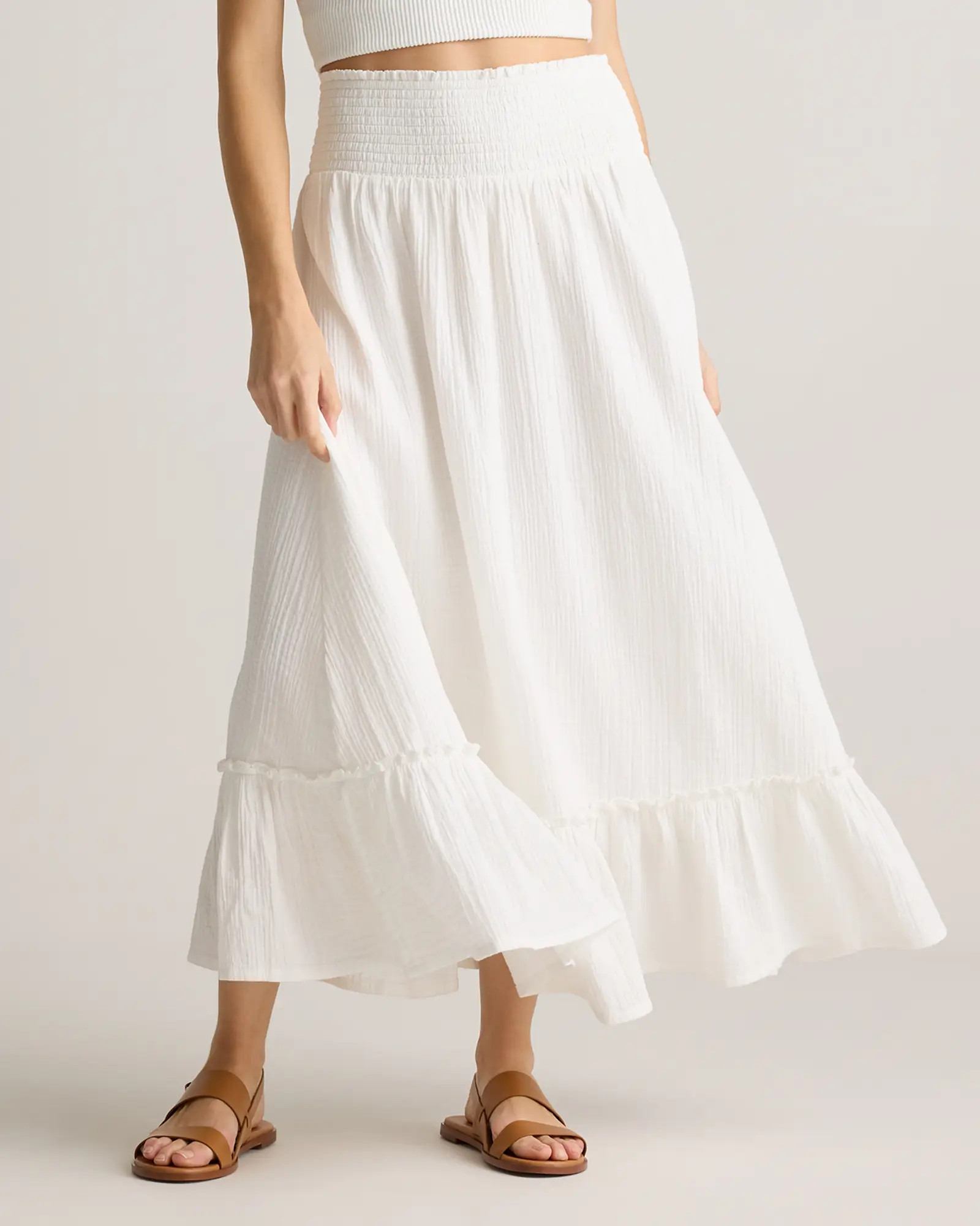 100% Organic Cotton Gauze Smocked Maxi Skirt in White | Quince