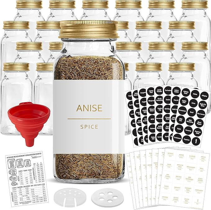 Talented Kitchen 24 Gold Large Glass Spice Jars w/2 Types of Preprinted Spice Labels. Commercial ... | Amazon (US)