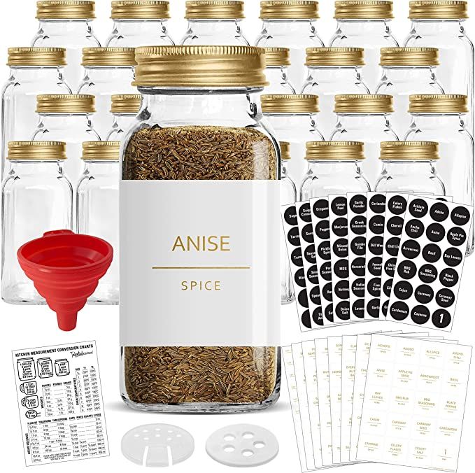 Talented Kitchen 24 Gold Large Glass Spice Jars w/2 Types of Preprinted Spice Labels. Commercial ... | Amazon (US)
