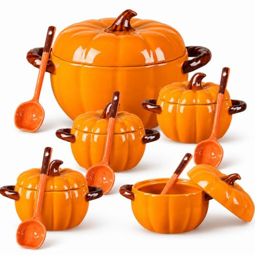 Set of 5 Ceramic Pumpkin Bowls, Pumpkin-Shaped Soup Serving Pot Storage Jar with Lid and Spoon for Baking, Fall, Thanksgiving, Halloween Party, Kitchen, Dessert, Decoration, 17 Oz & 54 Oz | Amazon (US)