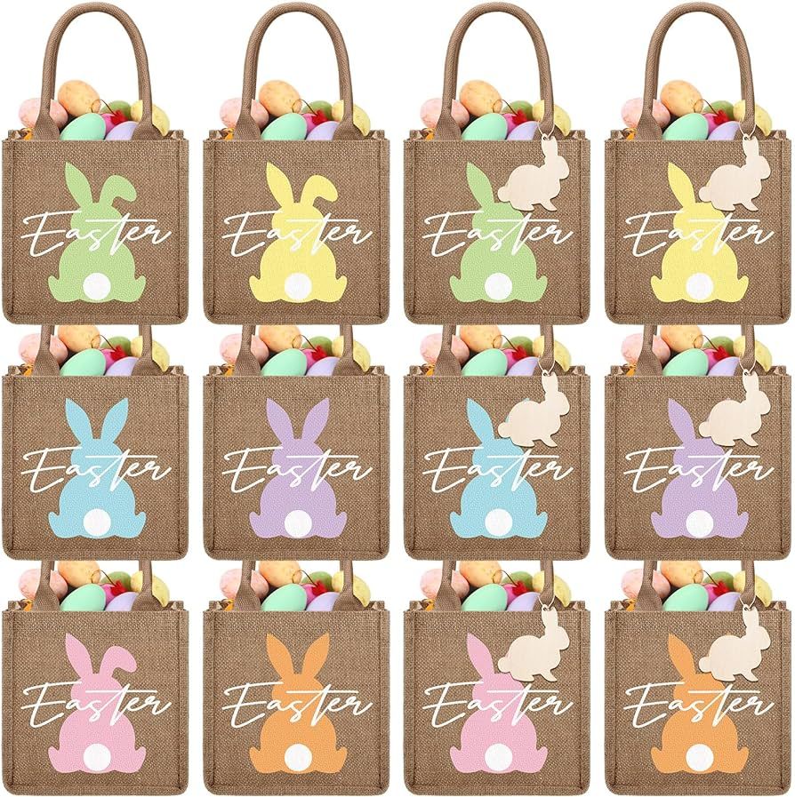 12 Pcs Easter Burlap Bags Bunny Linen Jute Bag with Handle Large Easter Egg Hunt Tote Bag Reusabl... | Amazon (US)