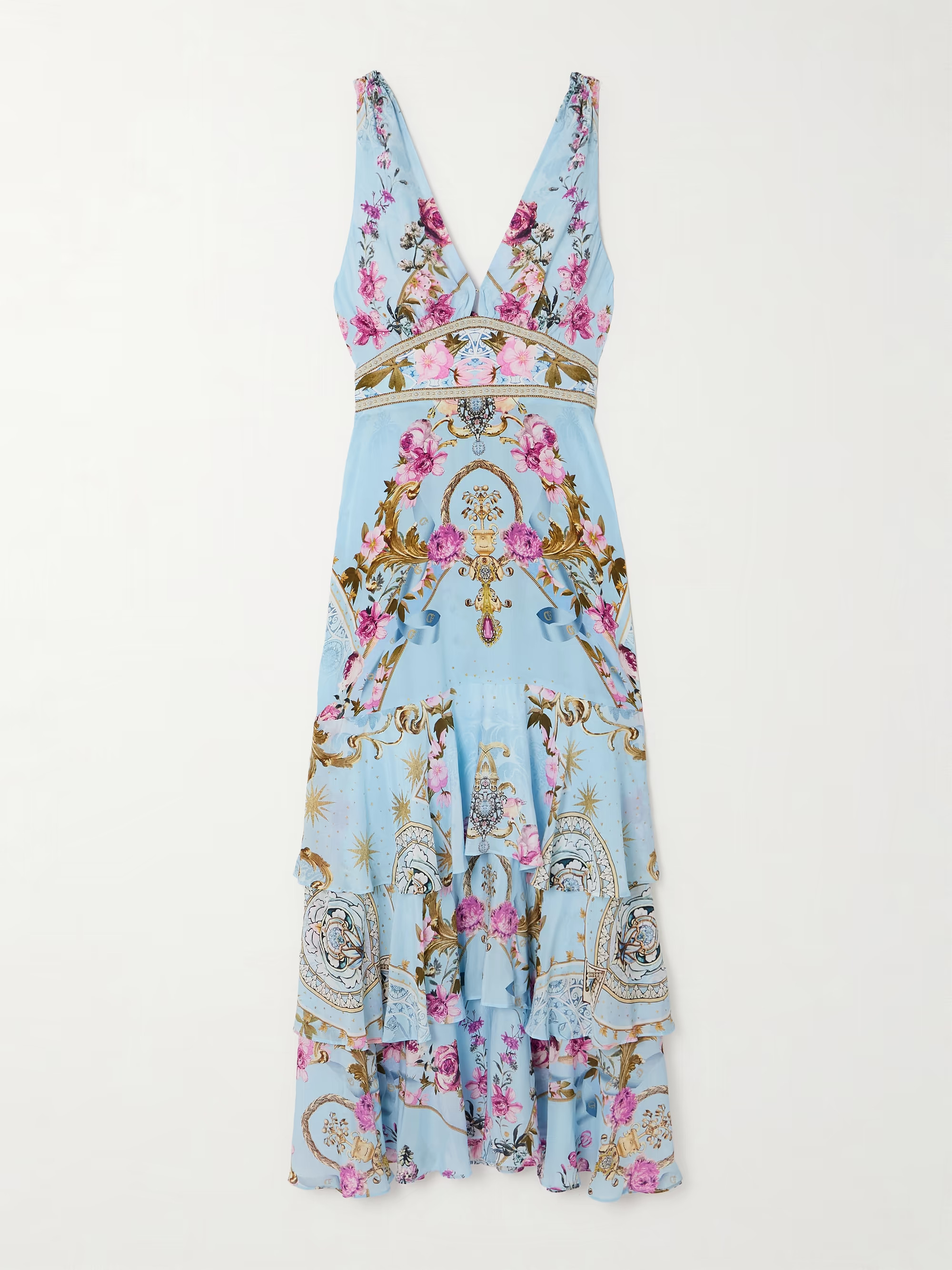 Embellished ruffled printed silk crepe de chine maxi dress | NET-A-PORTER (US)