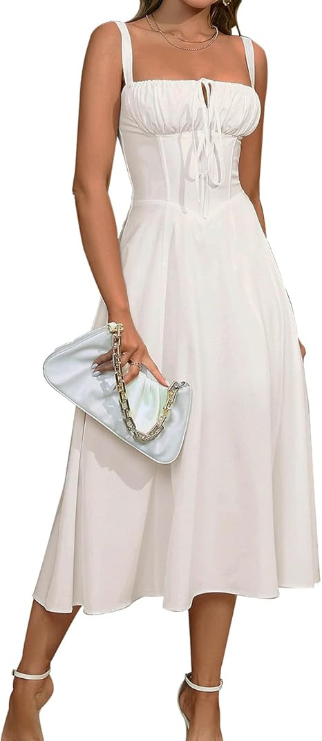 Wedding Guest Dresses for Women Midi Corset Lace Up A Line Dress Solid Flowy Slit Going Out Sundr... | Amazon (US)