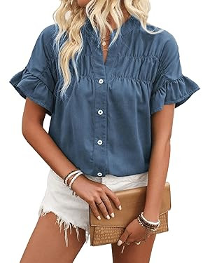 Womens Button Down Shirts Ruffle Ruched Short Sleeve Tops Summer Solid Casual Work Business Blous... | Amazon (US)