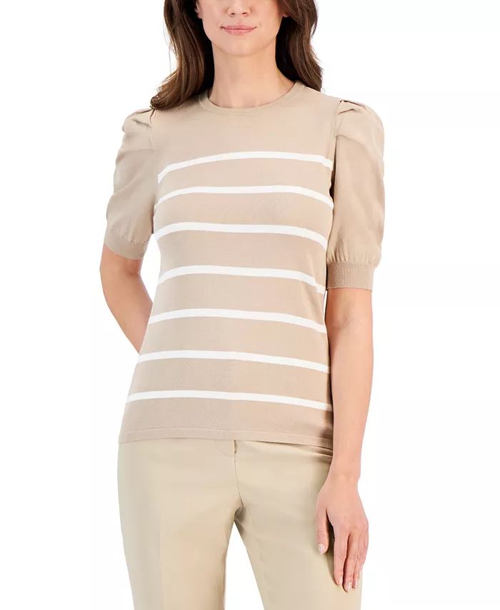 Anne Klein Women's Striped Puff-Sleeve Sweater - Macy's | Macy's