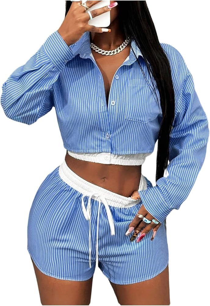 MakeMeChic Women's 2 Piece Outfit Striped Long Sleeve Button Down Shirt Crop Tops and Shorts Set | Amazon (US)