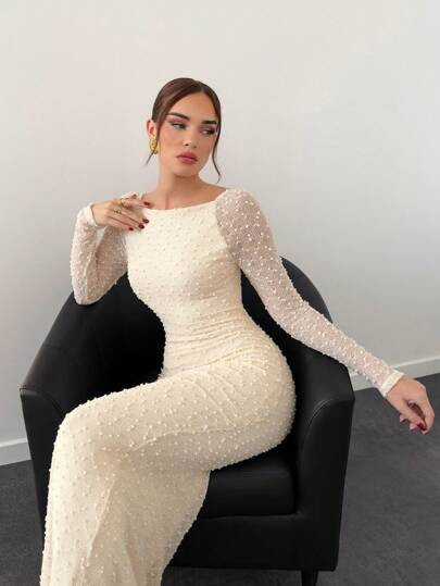 Aloruh Women's New Knitted Textured Fabric Solid Color Bodycon Long Sleeve Backless Mermaid Dress... | SHEIN