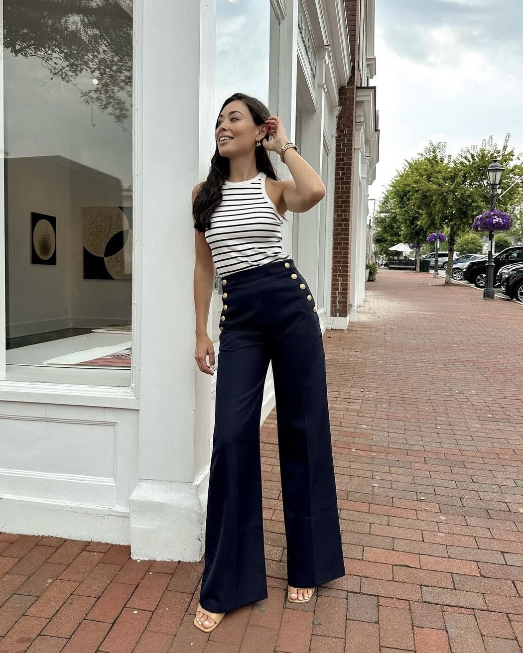 Navy blue trousers, stripe tank, Sezane, Kat Jamieson style, workwear, classic style. 

#LTKWorkwear #LTKStyleTip #LTKSeasonal