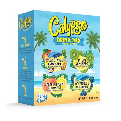 Calypso Singles To Go! Drink Mix Variety Pack – Lemonade On-the-Go Powdered Drink Mix Packets – Low Calorie Water Enhancer – Island Wave, Kiwi, Southern Peach, Ocean Blue Lemonade, 30 Count | Amazon (US)