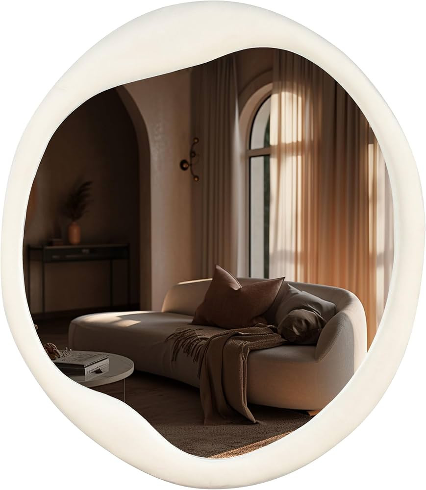 Irregular Asymmetrical Wall Mirror- 24"x28"Ivory Felt Fabric Padded Wavy Wall Mirror for Living R... | Amazon (US)