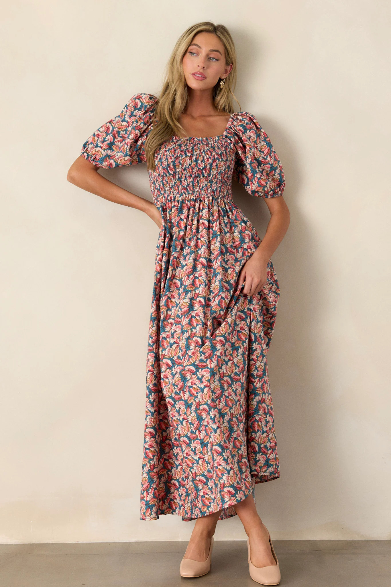 Afternoon Delight 100% Cotton Teal Floral Maxi Dress | Red Dress