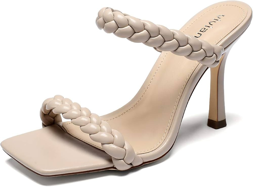 vivianly Women Sexy Woven Stiletto Heel Double Braided Strap Sandals Open Toe Slip on Mules Slipp... | Amazon (US)