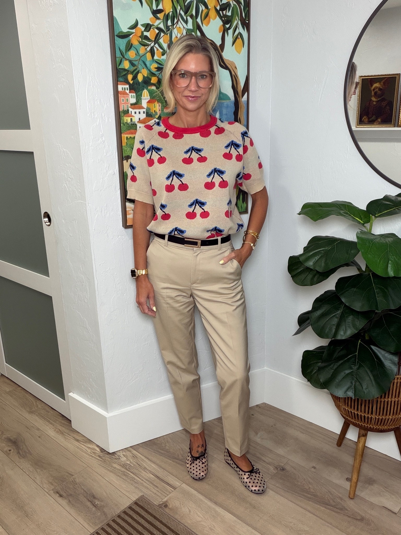 This cherry sweater from Oxknit can easily be dressed for workwear, as shown here. Or dressed down for a more casual look. I’m wearing a small.

My pants are from Uniqlo. They’re a nice classic flat front chino with a cropped length. I’m wearing a small. 

My shoes are from Walmart.

#LTKootd #LTKOver40 #LTKWorkwear