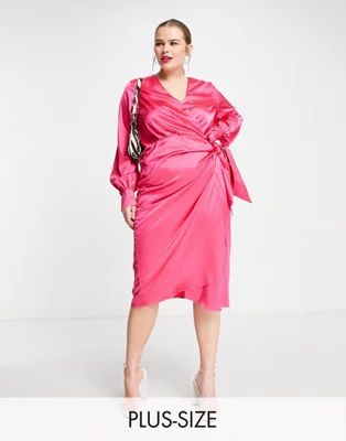Never Fully Dressed Plus satin wrap midi dress in fuchsia pink | ASOS (Global)