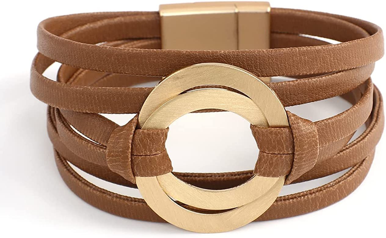 Circle Charm Bracelets for Women Handmade Coffee Leather Wrap Bracelets for Women Teen Girls Bohe... | Amazon (US)