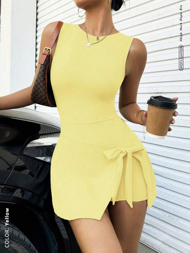 FWH The 2 In 1 Anti-Exposure Casual Elegant Golf Tennis, Sleeveless Everyday Basic New Stylish Waist-Tie Advanced Slimming Sexy Figure-Flattering College-Style Beautiful Back Tight-Fitting Sports Fitness Tie-Waist Yoga Dress | SHEIN