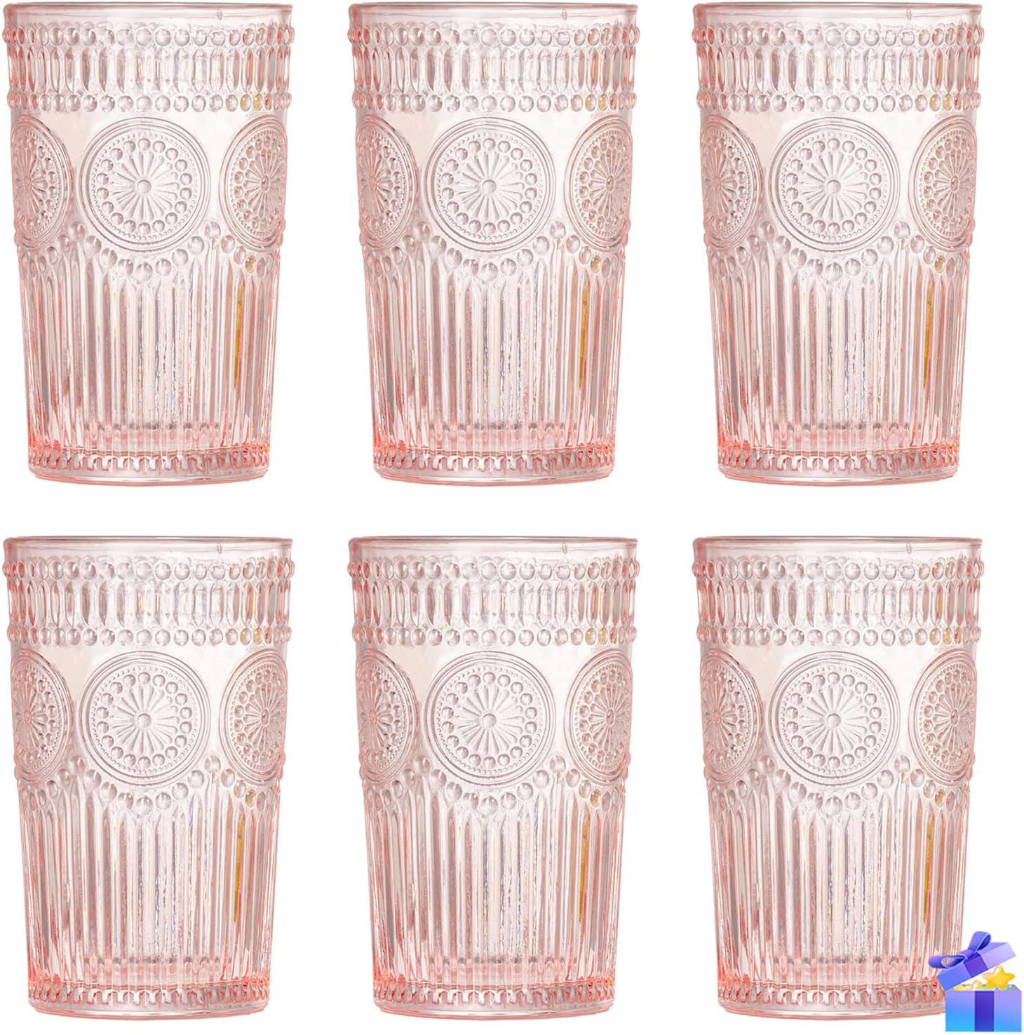 Vintage Glassware Romantic Drinking Glasses - 12 OZ Pink Glassware Embossed Glasses Drinking Set ... | Amazon (US)