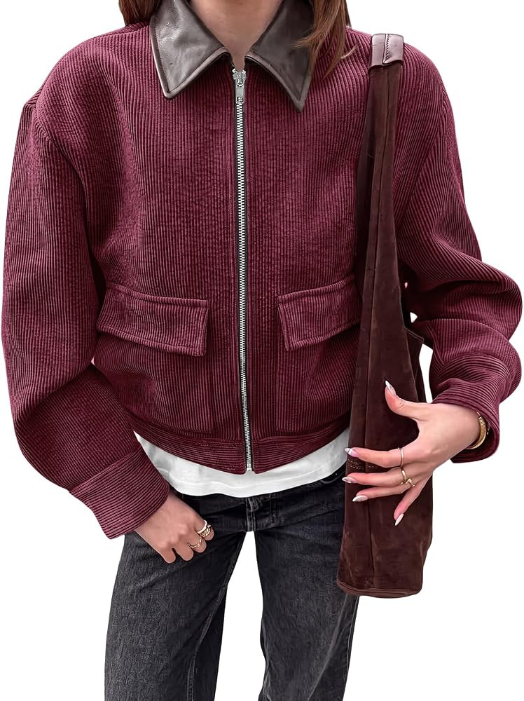 Tankaneo Womens Cropped Corduroy Jackets Oversized Zip Up Barn Bomber Coat | Amazon (US)