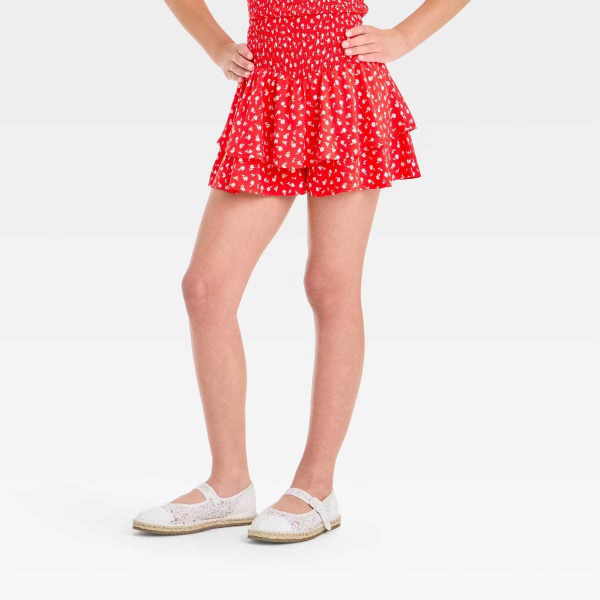 Girls' Smocked Waist Floral Tiered Skort - art class™ Coral Orange XL: Lightweight Floral Circl... | Target
